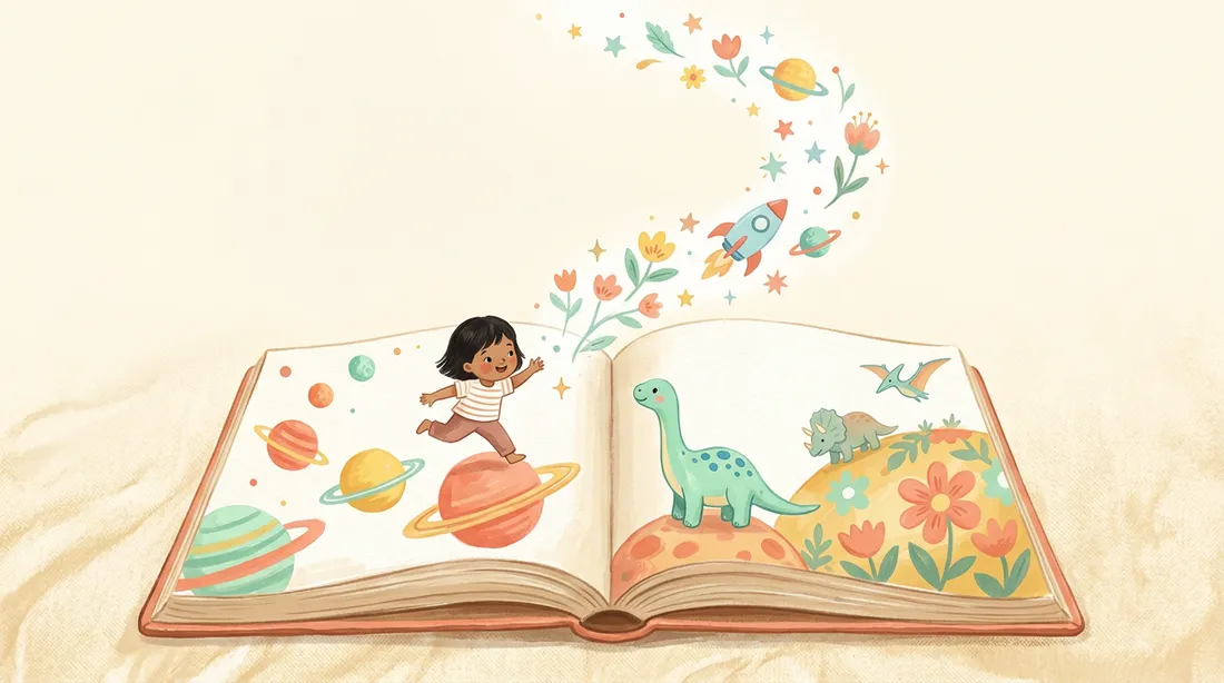 An open storybook with characters and stars floating out of its pages