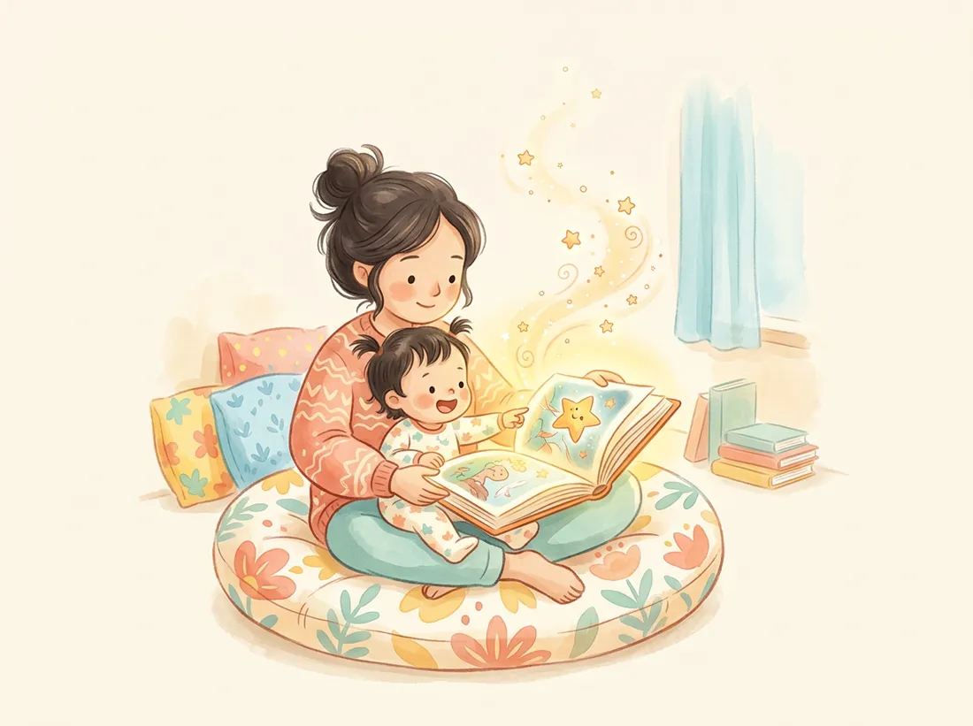 A mother and her toddler reading a favorite storybook that glows with magic